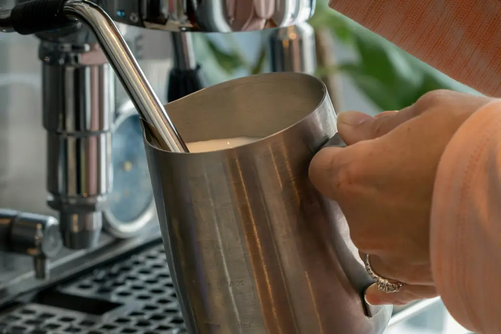 Steam wand in a metal milk pitcher held by a hand